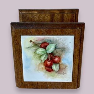 Vintage 1979 Hand-painted Tile Wooden Napkin Holder Watercolor Cherries 6.75”